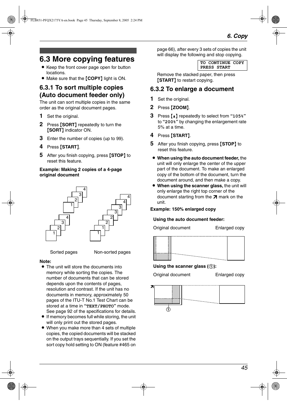 3 more copying features, More copying features, 3 more copying features | 2 to enlarge a document | Panasonic KX-FLB851 User Manual | Page 47 / 110
