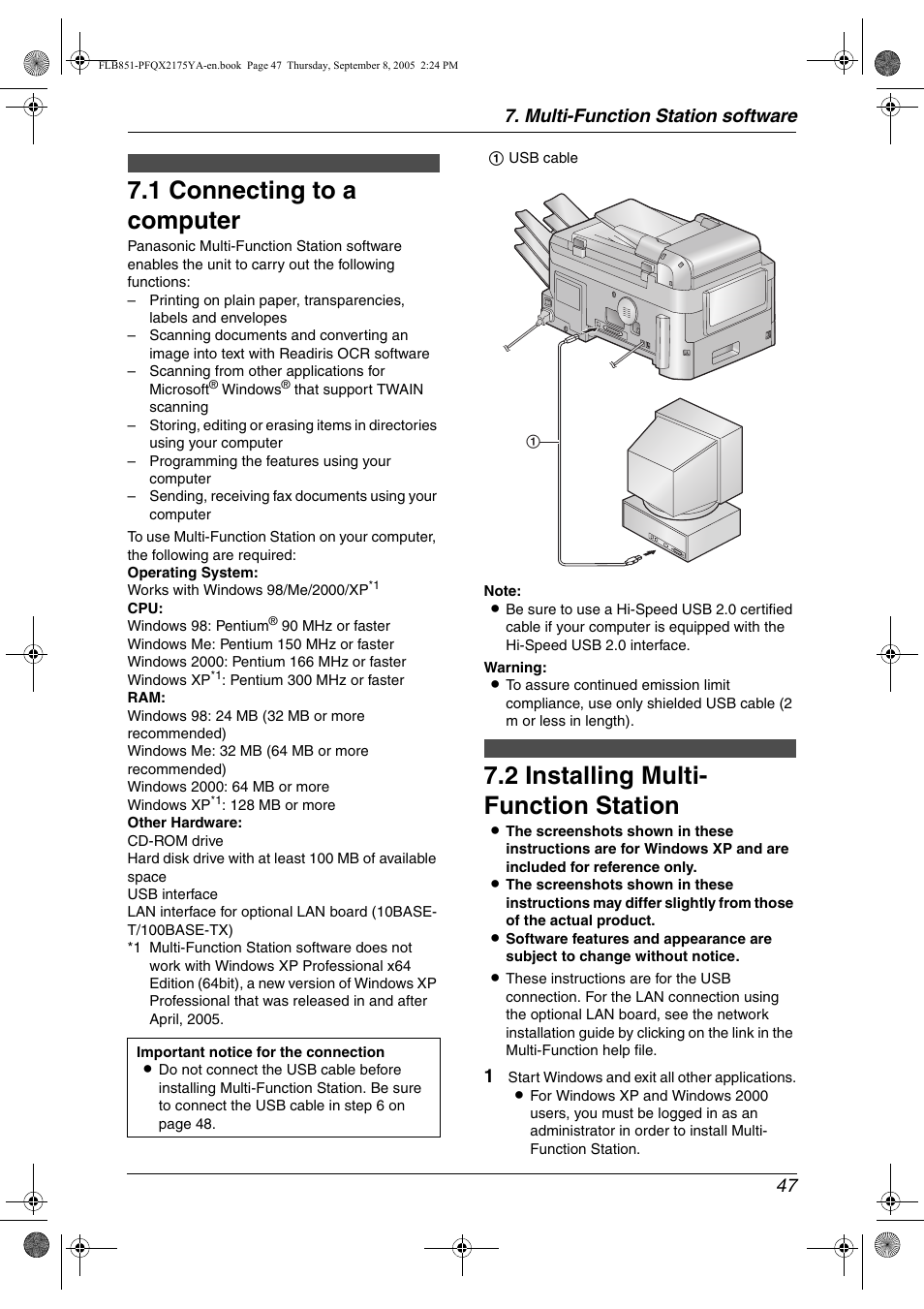 Multi-function station software, Setup, 1 connecting to a computer | 2 installing multi- function station, Multi-function station, Software, Connecting to a computer, Installing multi-function station, 1 connecting to a computer, 2 installing multi- function station | Panasonic KX-FLB851 User Manual | Page 49 / 110