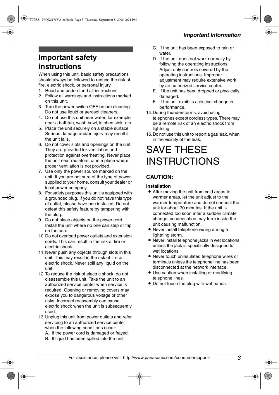 Important information, Safety instructions, Important safety instructions | Save these instructions, Important information 3, Caution | Panasonic KX-FLB851 User Manual | Page 5 / 110