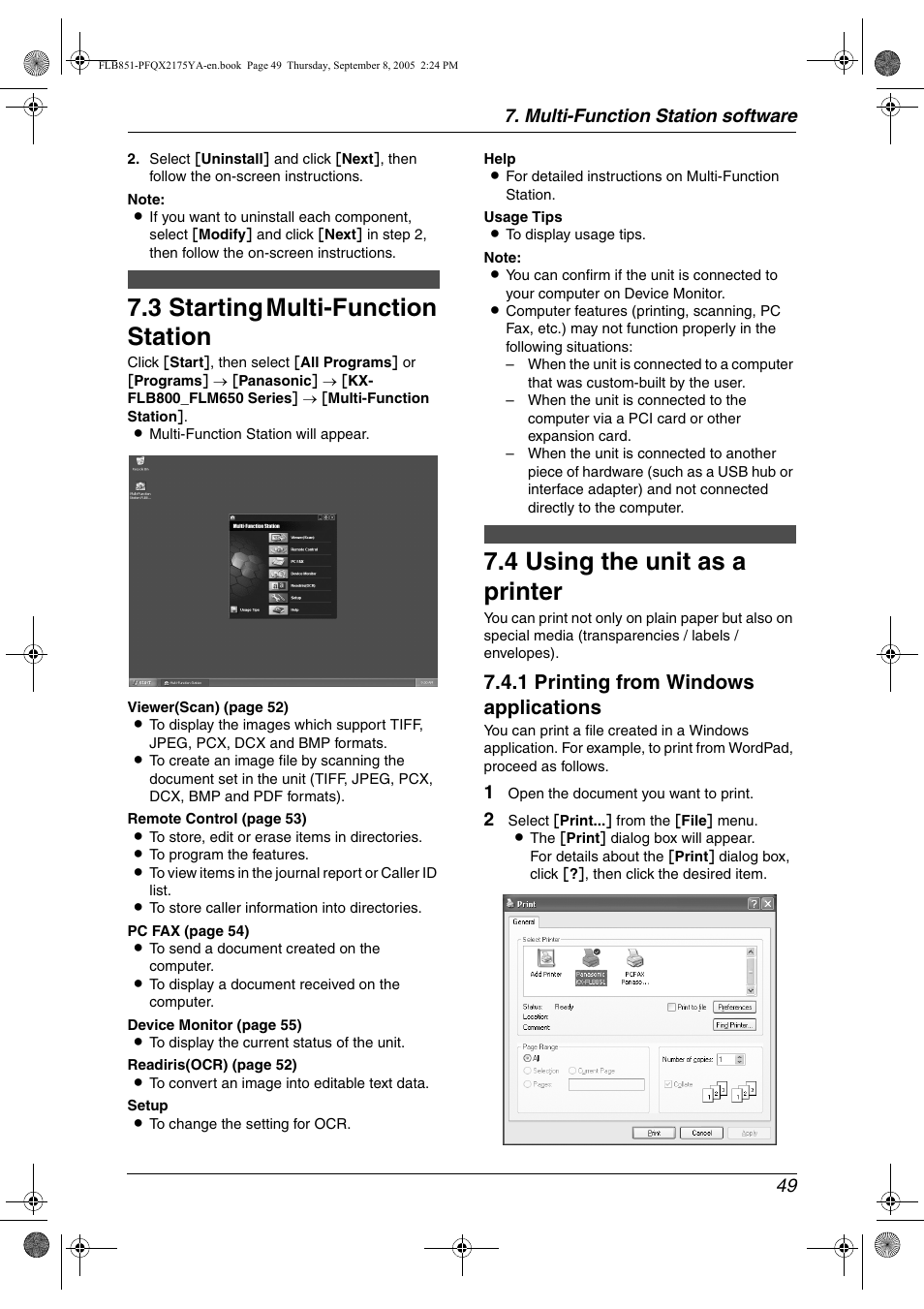 3 starting multi-function station, Printing, 4 using the unit as a printer | Starting multi-function station, Using the unit as a printer, 3 starting multi-function station, 4 using the unit as a printer, 1 printing from windows applications, Multi-function station software 49 | Panasonic KX-FLB851 User Manual | Page 51 / 110