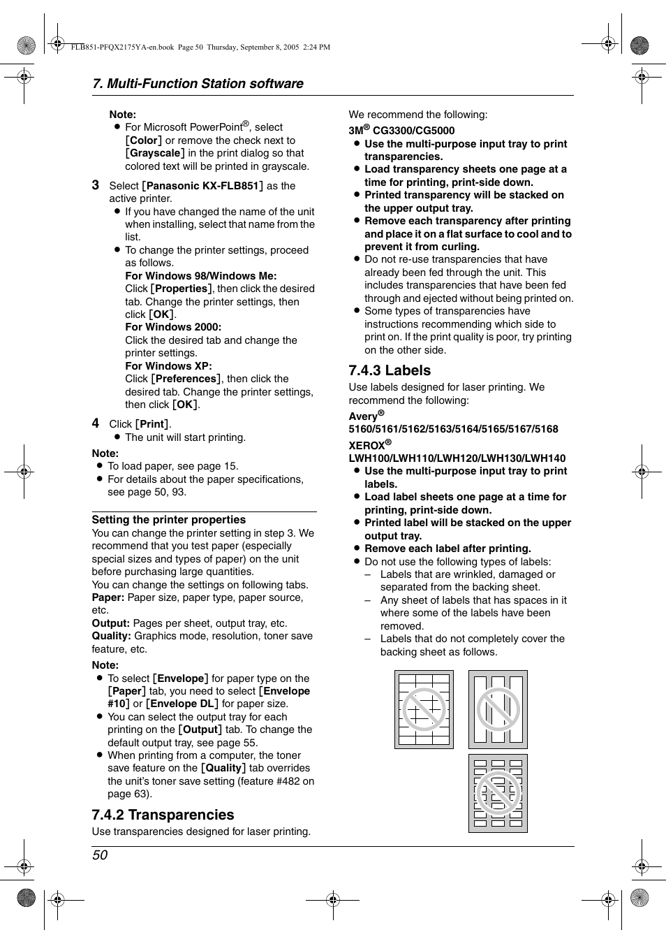 2 transparencies, 3 labels, Multi-function station software 50 | Panasonic KX-FLB851 User Manual | Page 52 / 110