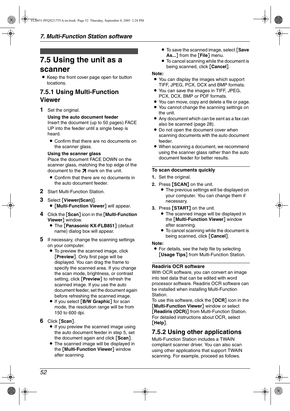 Scanning, 5 using the unit as a scanner, Using the unit as a scanner | 5 using the unit as a scanner, 1 using multi-function viewer, 2 using other applications, Multi-function station software 52 | Panasonic KX-FLB851 User Manual | Page 54 / 110