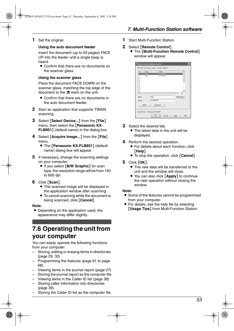 Remote control, 6 operating the unit from your computer, Operating the unit from your computer | 6 operating the unit from your computer | Panasonic KX-FLB851 User Manual | Page 55 / 110