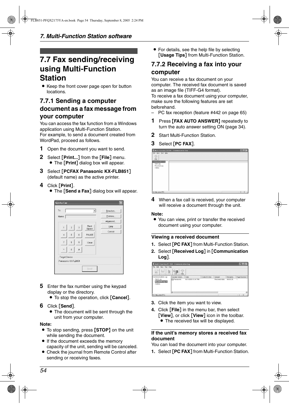 Pc fax, 2 receiving a fax into your computer | Panasonic KX-FLB851 User Manual | Page 56 / 110