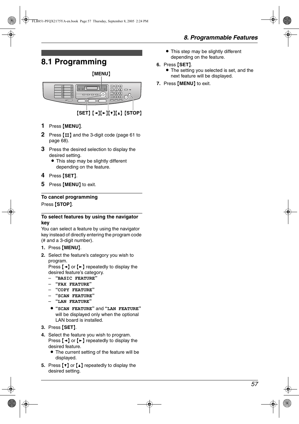Programmable features, Features summary, 1 programming | Programming, 1 programming, Programmable features 57 | Panasonic KX-FLB851 User Manual | Page 59 / 110