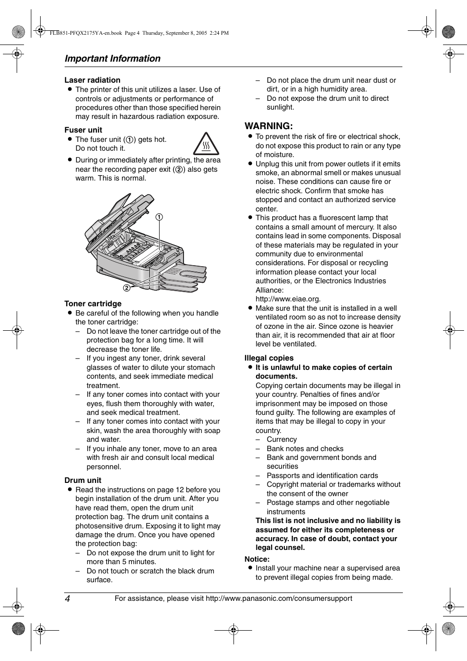Important information 4, Warning | Panasonic KX-FLB851 User Manual | Page 6 / 110