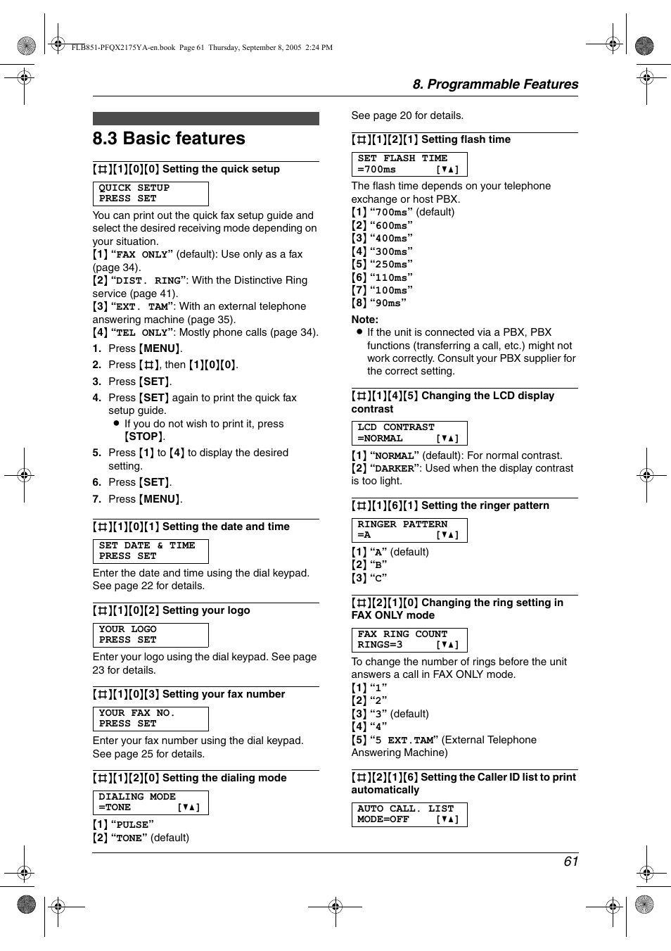 3 basic features, Basic features, 3 basic features | Programmable features 61 | Panasonic KX-FLB851 User Manual | Page 63 / 110