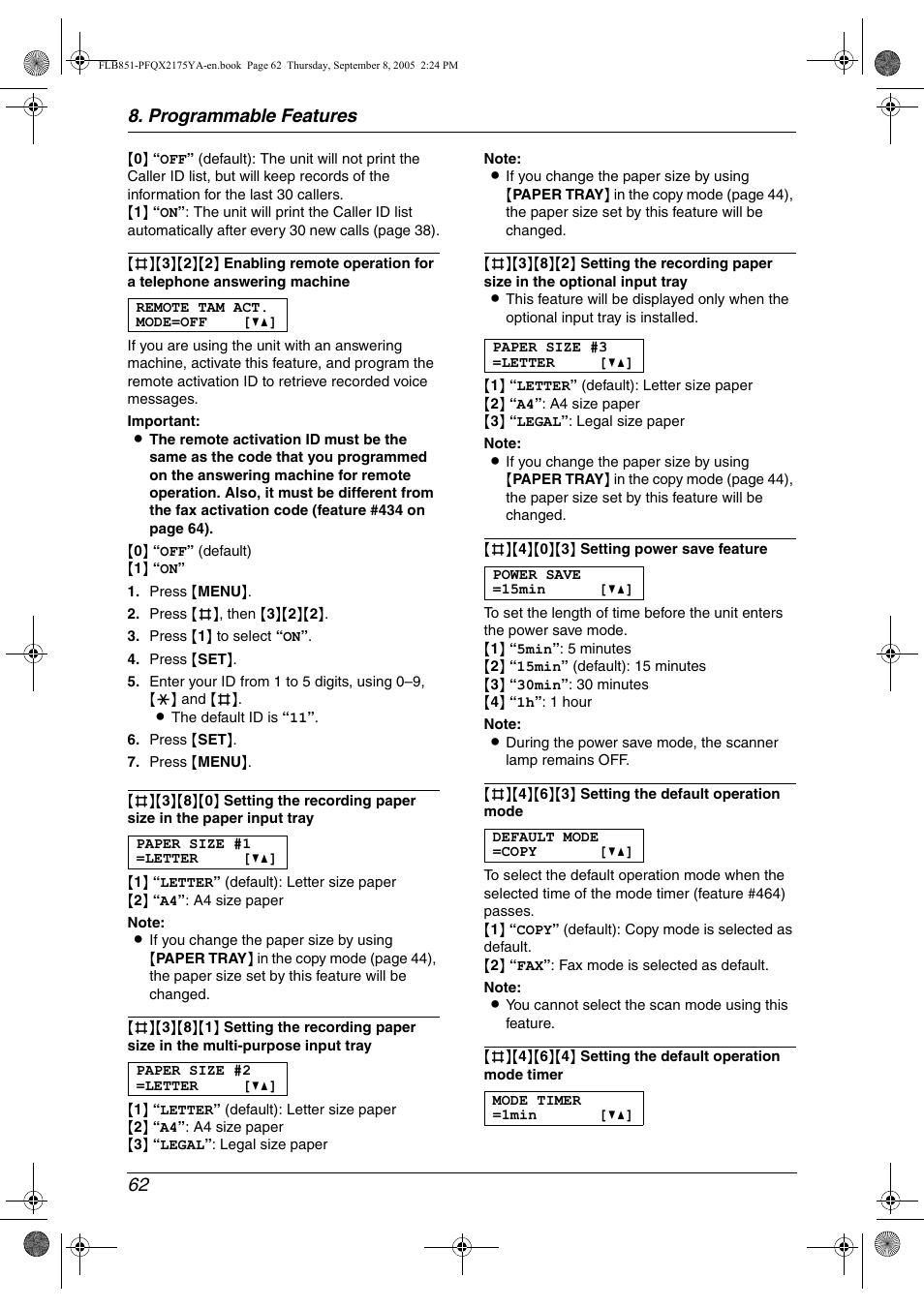 Programmable features 62 | Panasonic KX-FLB851 User Manual | Page 64 / 110