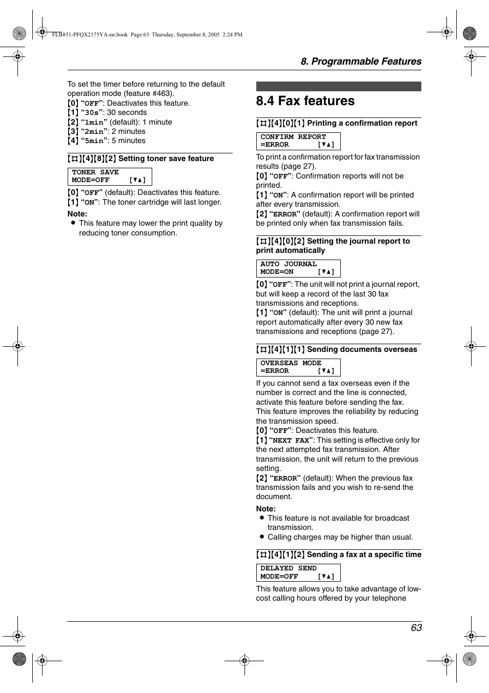 4 fax features, Fax features, 4 fax features | Programmable features 63 | Panasonic KX-FLB851 User Manual | Page 65 / 110