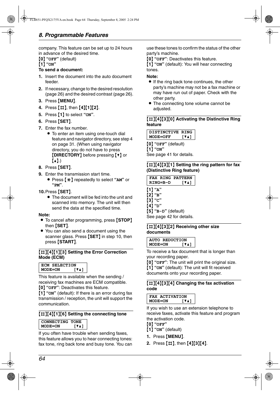 Programmable features 64 | Panasonic KX-FLB851 User Manual | Page 66 / 110