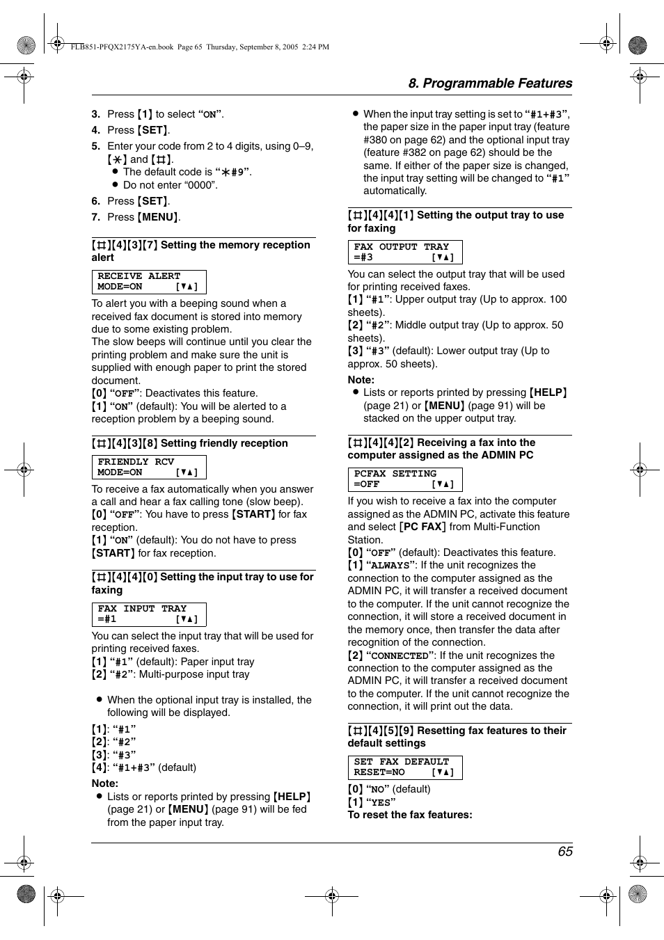 Programmable features 65 | Panasonic KX-FLB851 User Manual | Page 67 / 110