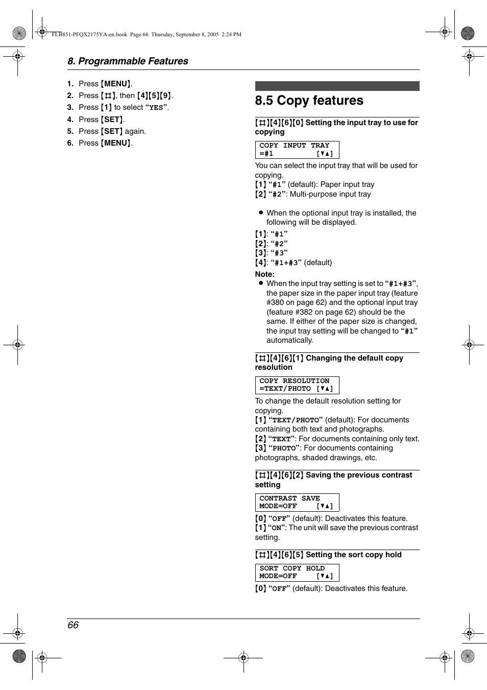 5 copy features, Copy features, 5 copy features | Programmable features 66 | Panasonic KX-FLB851 User Manual | Page 68 / 110