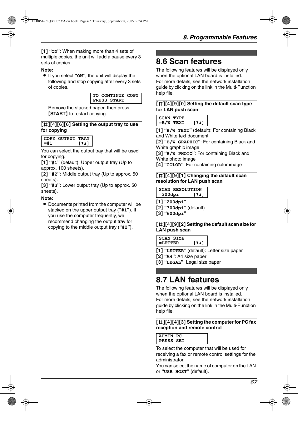 6 scan features, 7 lan features, Scan features | Lan features, 6 scan features, 7 lan features, Programmable features 67 | Panasonic KX-FLB851 User Manual | Page 69 / 110