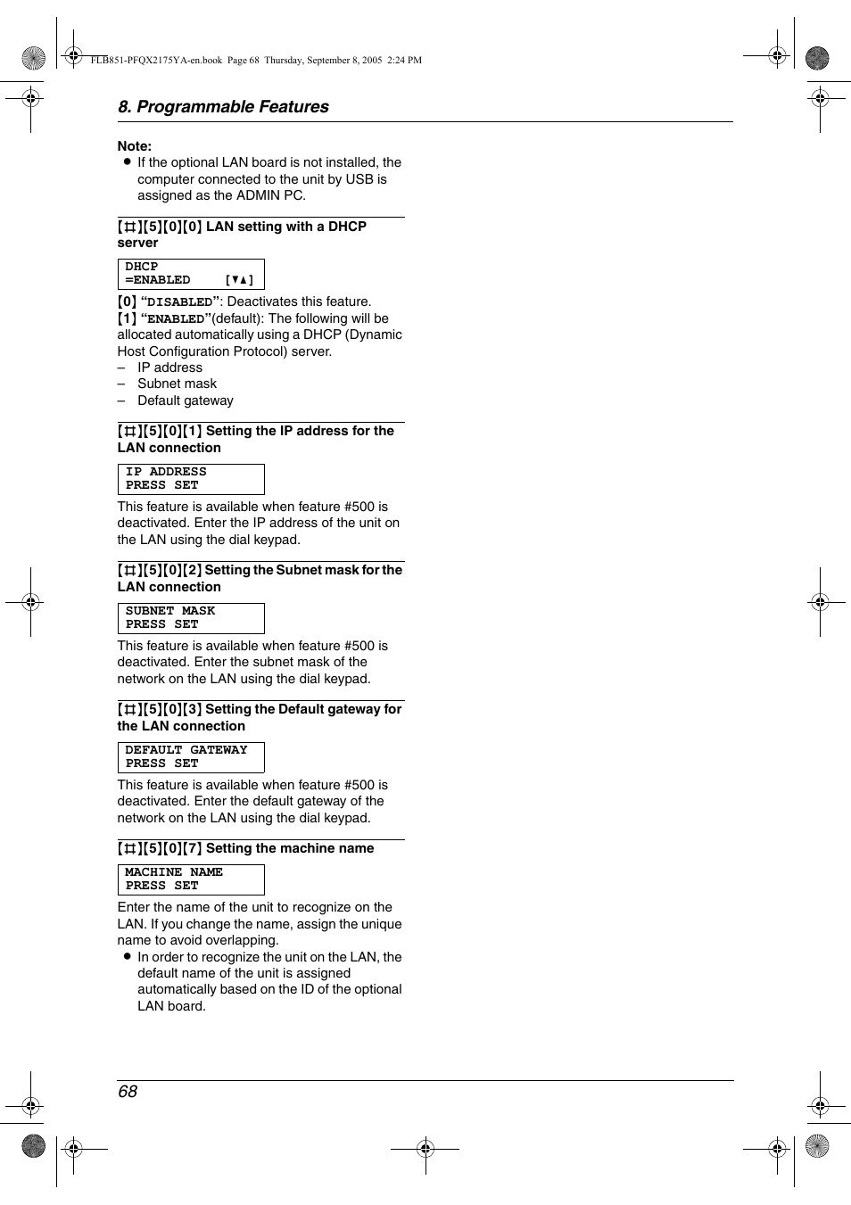 Programmable features 68 | Panasonic KX-FLB851 User Manual | Page 70 / 110