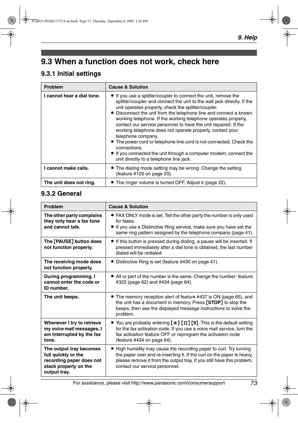 Troubleshooting, 3 when a function does not work, check here, When a function does not work, check here | 3 when a function does not work, check here, 1 initial settings 9.3.2 general, Help 73 | Panasonic KX-FLB851 User Manual | Page 75 / 110