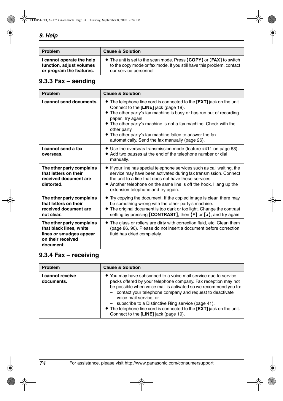 3 fax – sending 9.3.4 fax – receiving, Help 74 | Panasonic KX-FLB851 User Manual | Page 76 / 110