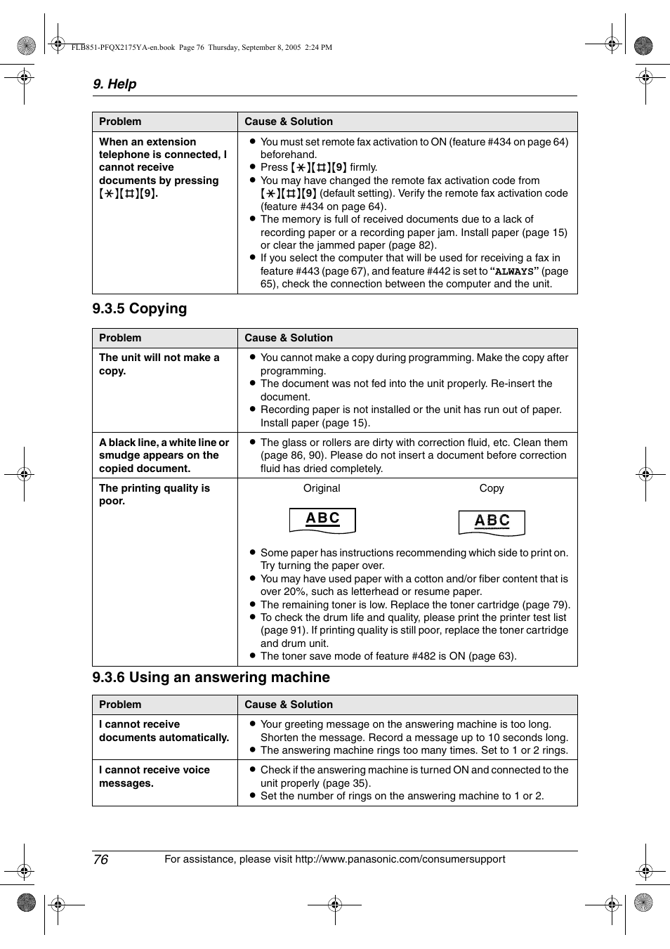 5 copying 9.3.6 using an answering machine, A b c, Help 76 | Panasonic KX-FLB851 User Manual | Page 78 / 110