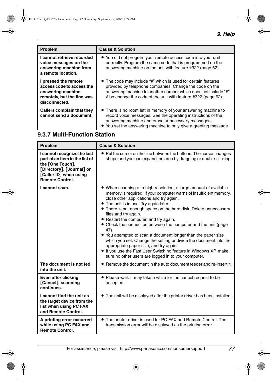 7 multi-function station, Help 77 | Panasonic KX-FLB851 User Manual | Page 79 / 110