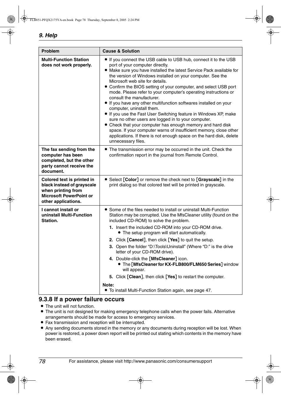8 if a power failure occurs, Help 78 | Panasonic KX-FLB851 User Manual | Page 80 / 110