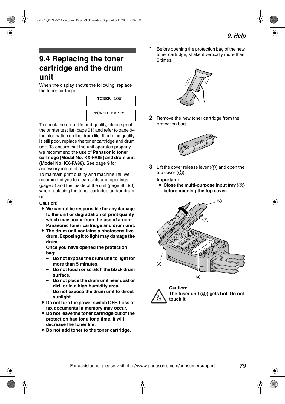 Replacement, 4 replacing the toner cartridge and the drum unit, Replacing the toner cartridge and the drum unit | 4 replacing the toner cartridge and the drum unit, Help 79 | Panasonic KX-FLB851 User Manual | Page 81 / 110