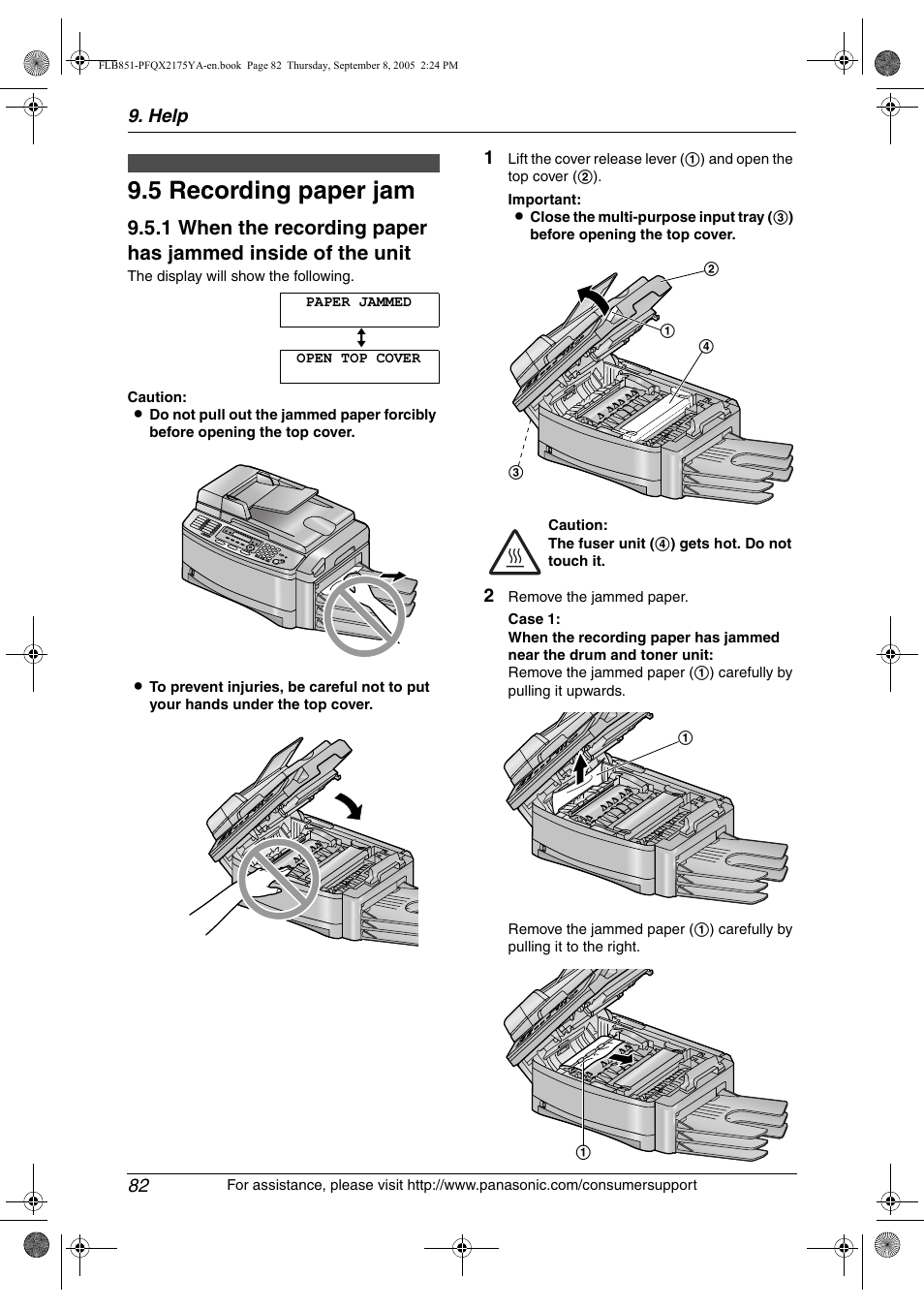 Jams, 5 recording paper jam, Recording paper jam | 5 recording paper jam, Help 82 | Panasonic KX-FLB851 User Manual | Page 84 / 110