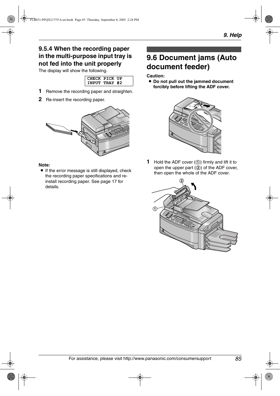 6 document jams (auto document feeder), Document jams (auto document feeder), 6 document jams (auto document feeder) | Panasonic KX-FLB851 User Manual | Page 87 / 110