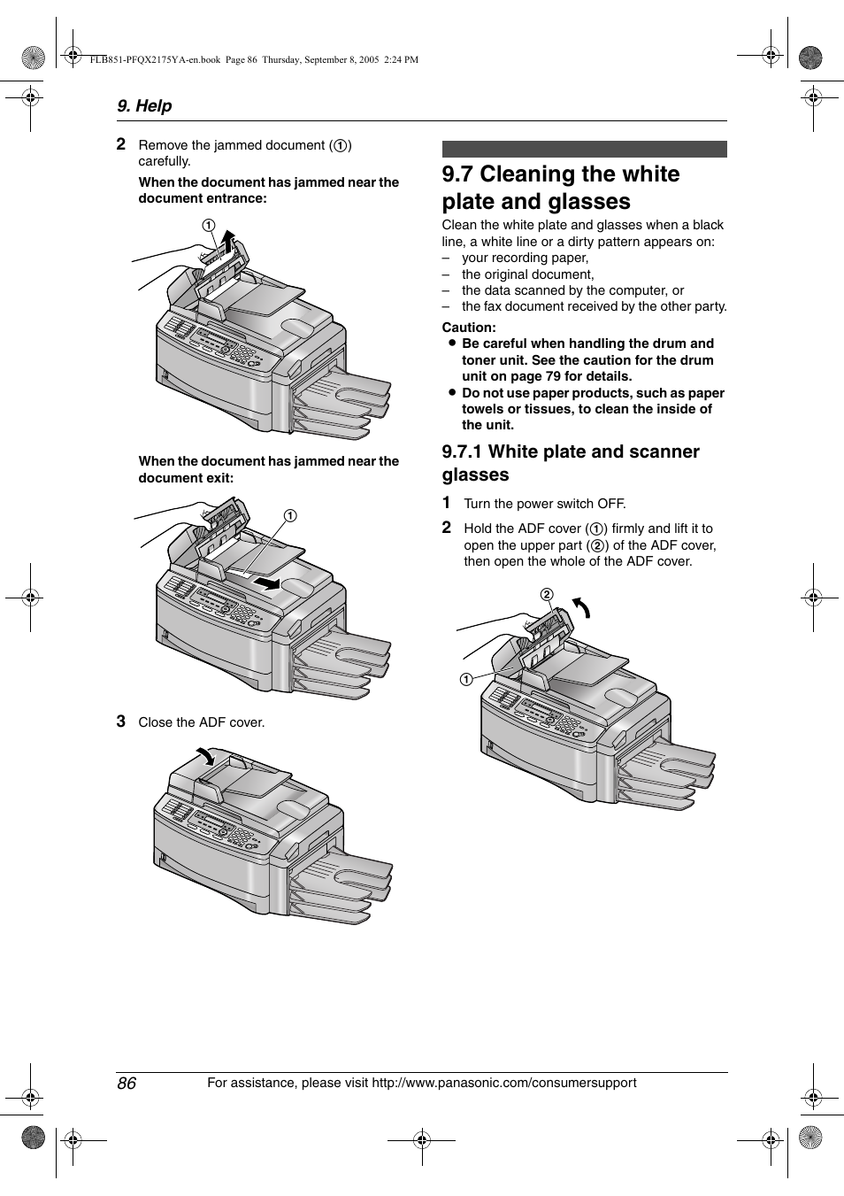 Cleaning, 7 cleaning the white plate and glasses, Cleaning the white plate and glasses | 7 cleaning the white plate and glasses, 1 white plate and scanner glasses | Panasonic KX-FLB851 User Manual | Page 88 / 110