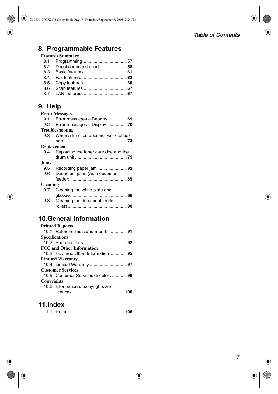 Programmable features, Help, General information | Index | Panasonic KX-FLB851 User Manual | Page 9 / 110
