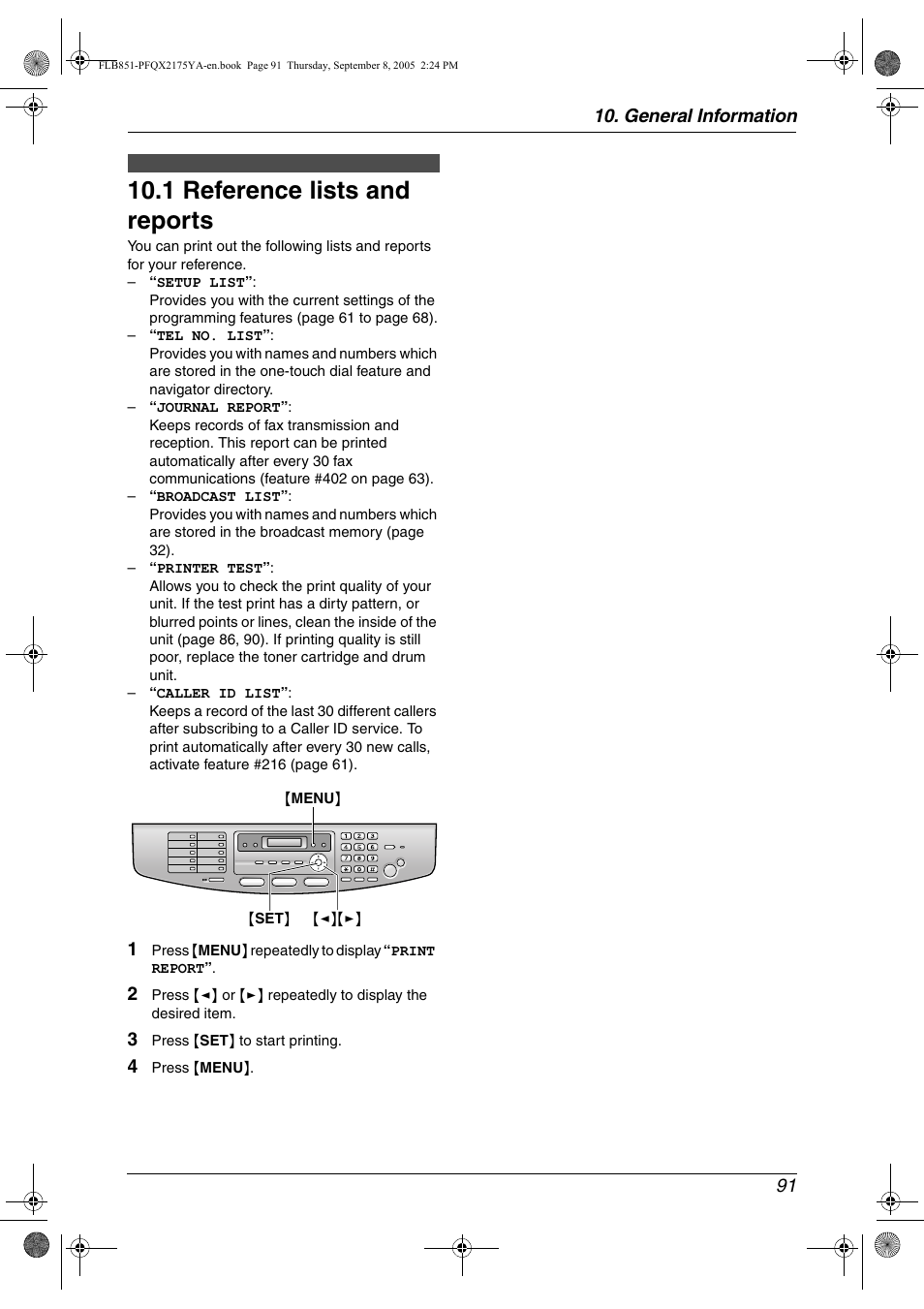 General information, Printed reports, 1 reference lists and reports | Reference lists and reports, 1 reference lists and reports, General information 91 | Panasonic KX-FLB851 User Manual | Page 93 / 110