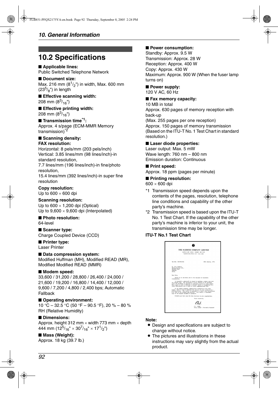 Specifications, 2 specifications, 2 specifications | General information 92 | Panasonic KX-FLB851 User Manual | Page 94 / 110