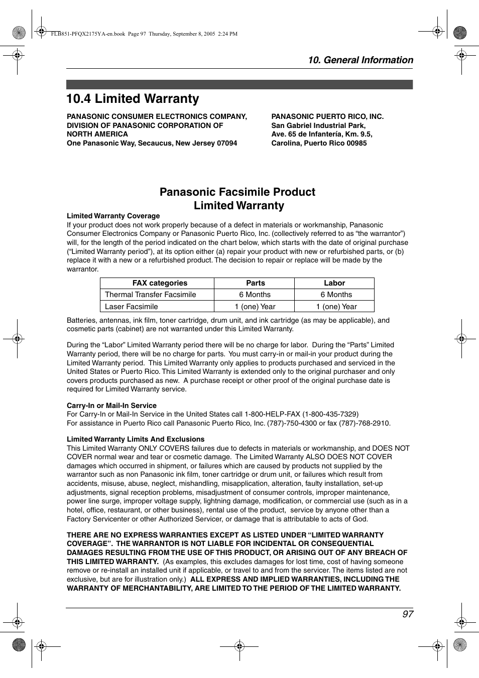 Limited warranty, 4 limited warranty, 4 limited warranty | Panasonic facsimile product limited warranty, General information 97 | Panasonic KX-FLB851 User Manual | Page 99 / 110