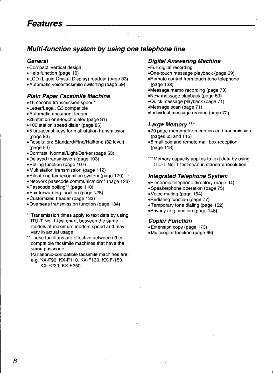 Features, Multi-function system by using one telephone line | Panasonic KX-F3100 User Manual | Page 10 / 248