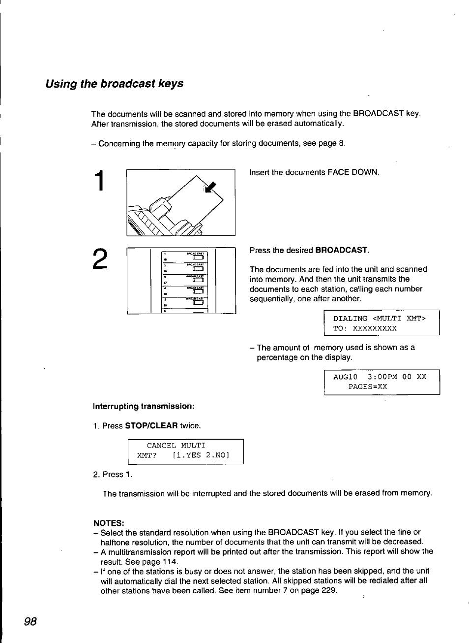 Interrupting transmission, Notes | Panasonic KX-F3100 User Manual | Page 100 / 248