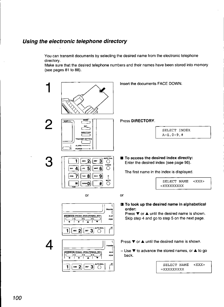 To access the desired index directly, To look up the desired name in alphabetical order, 3^ o | Rala, O 1 r, Using the eiectronic teiephone directory | Panasonic KX-F3100 User Manual | Page 102 / 248