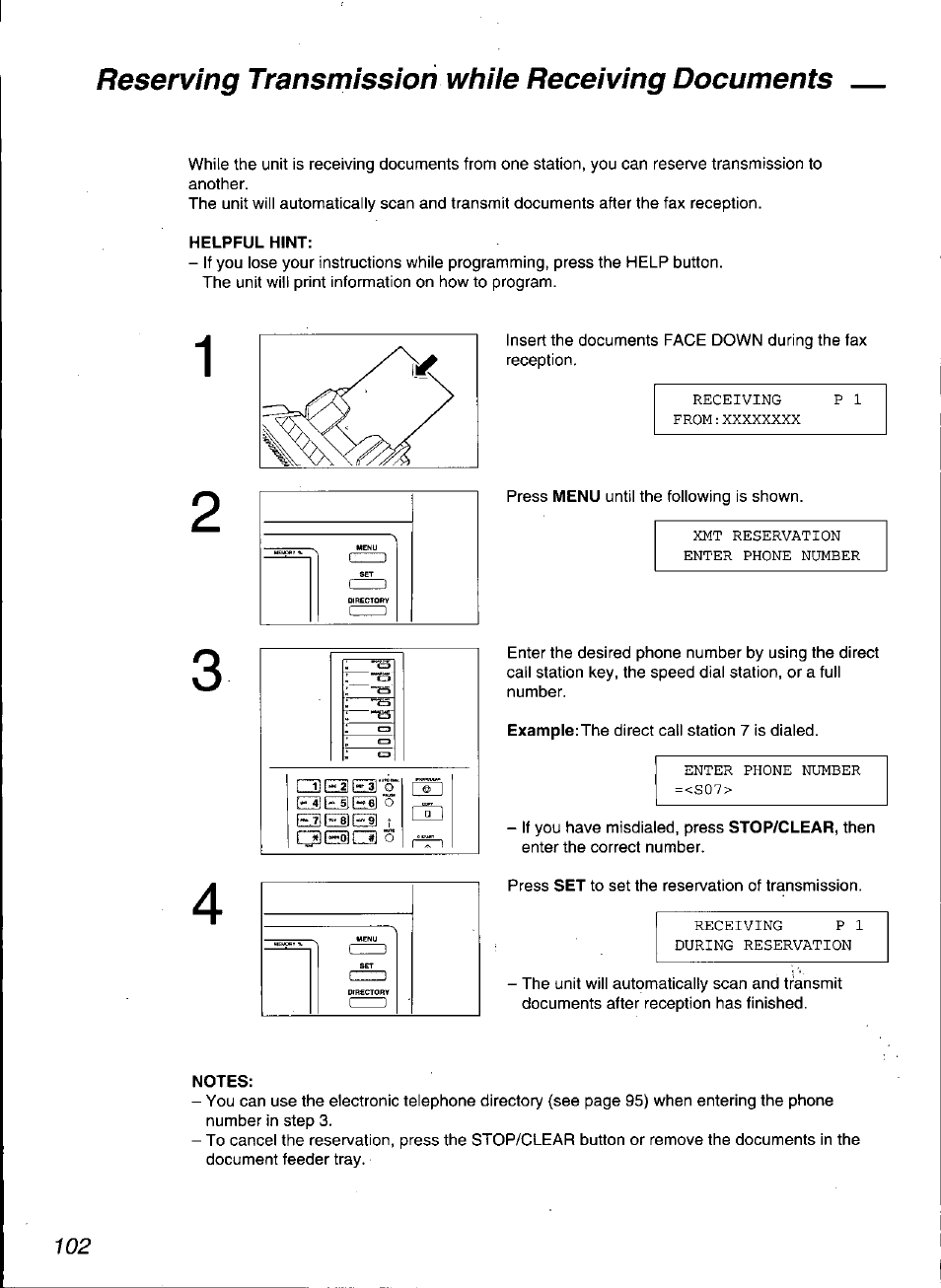 Notes, Reserving transmission whiie receiving documents | Panasonic KX-F3100 User Manual | Page 104 / 248