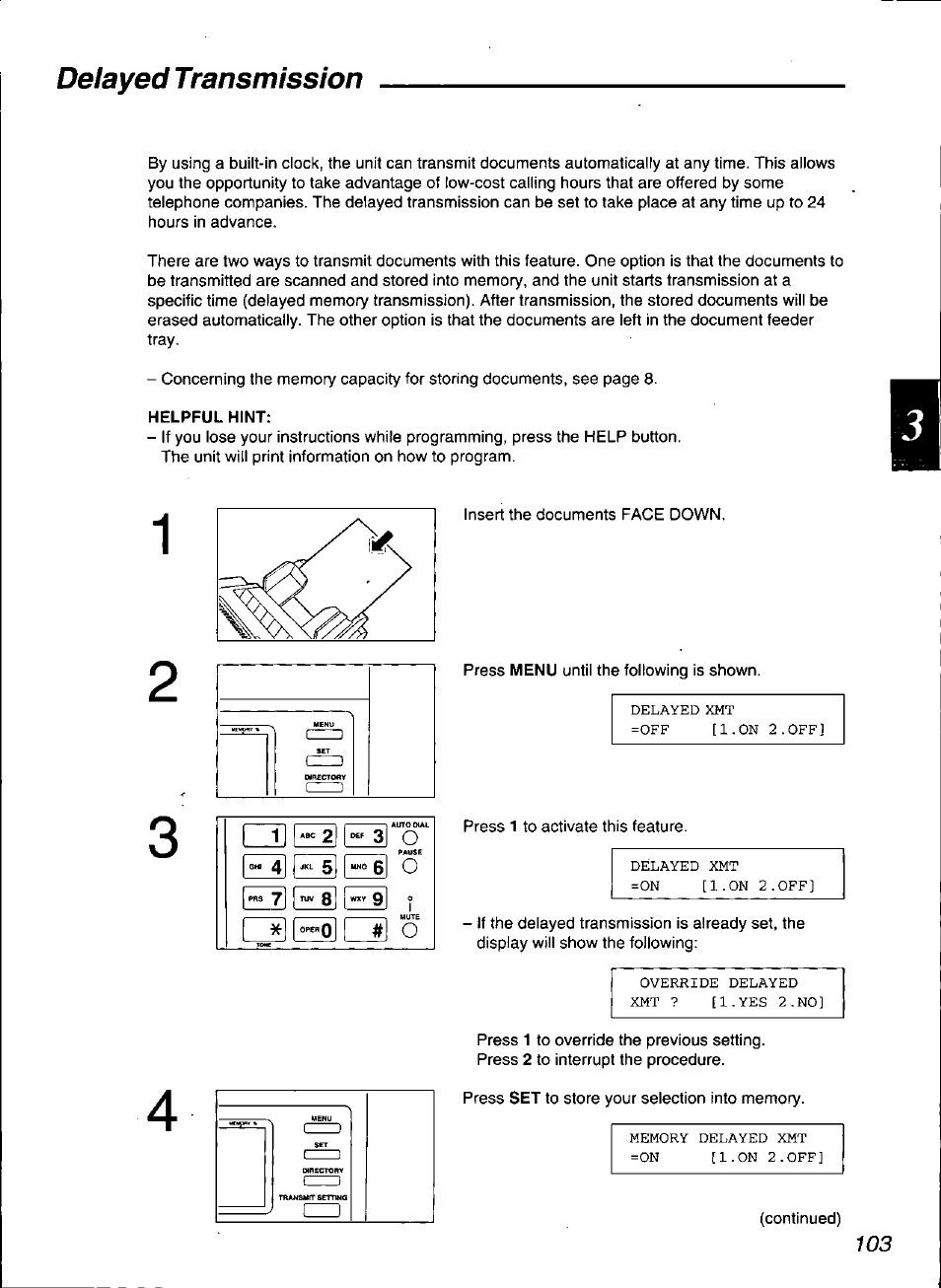 Delayed transmission | Panasonic KX-F3100 User Manual | Page 105 / 248