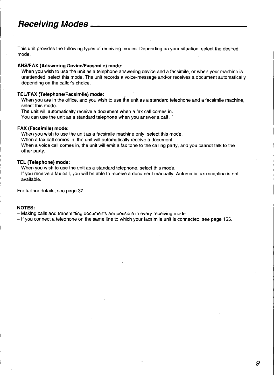 Ans/fax (answering device/facsimile) mode, Tel/fax (telephone/facsimile) mode, Fax (facsimile) mode | Tel (telephone) mode, Notes, Receiving modes | Panasonic KX-F3100 User Manual | Page 11 / 248