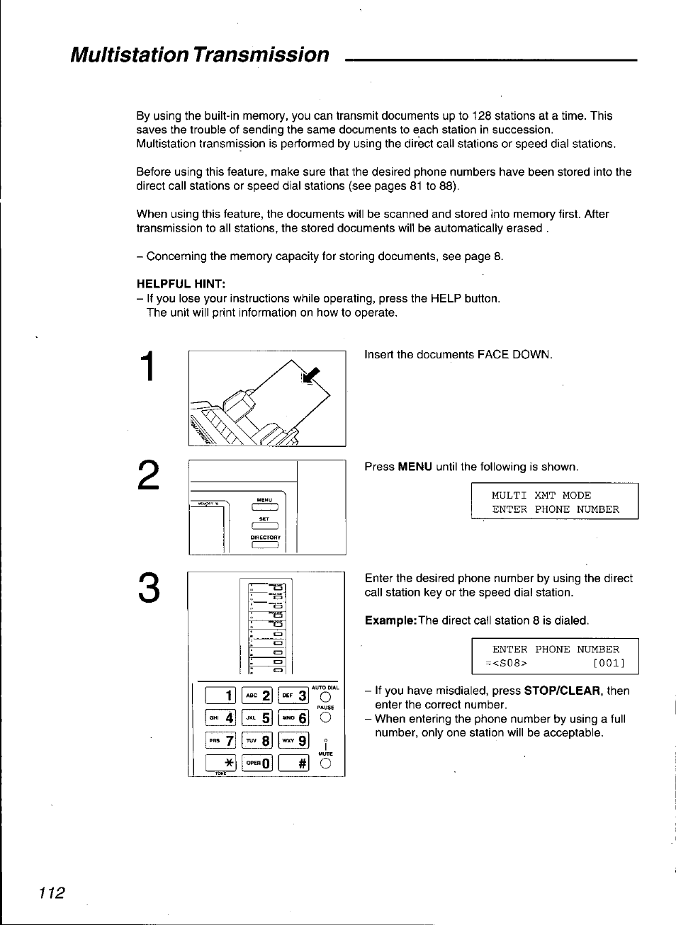 Helpful hint, Multistation transmission | Panasonic KX-F3100 User Manual | Page 114 / 248