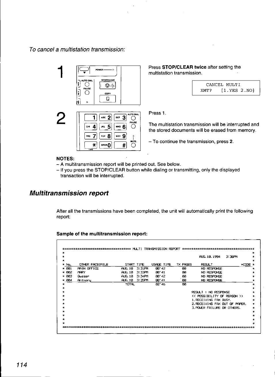 Notes, Sample of the multitransmission report, Multitransmission report | Panasonic KX-F3100 User Manual | Page 116 / 248