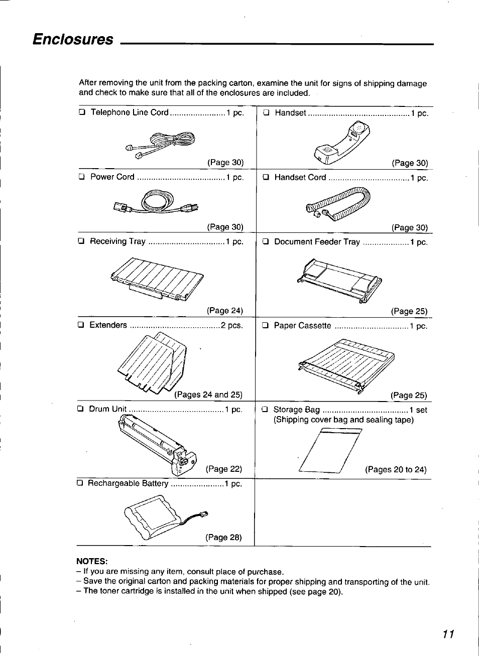Notes, Enclosures | Panasonic KX-F3100 User Manual | Page 13 / 248