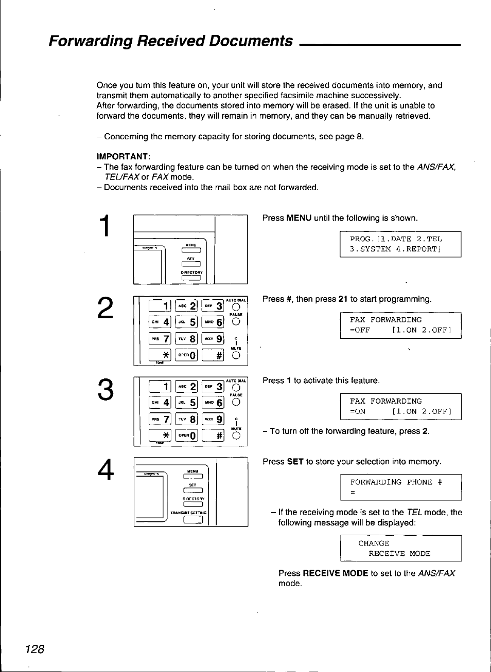 Important, Forwarding received documents | Panasonic KX-F3100 User Manual | Page 130 / 248