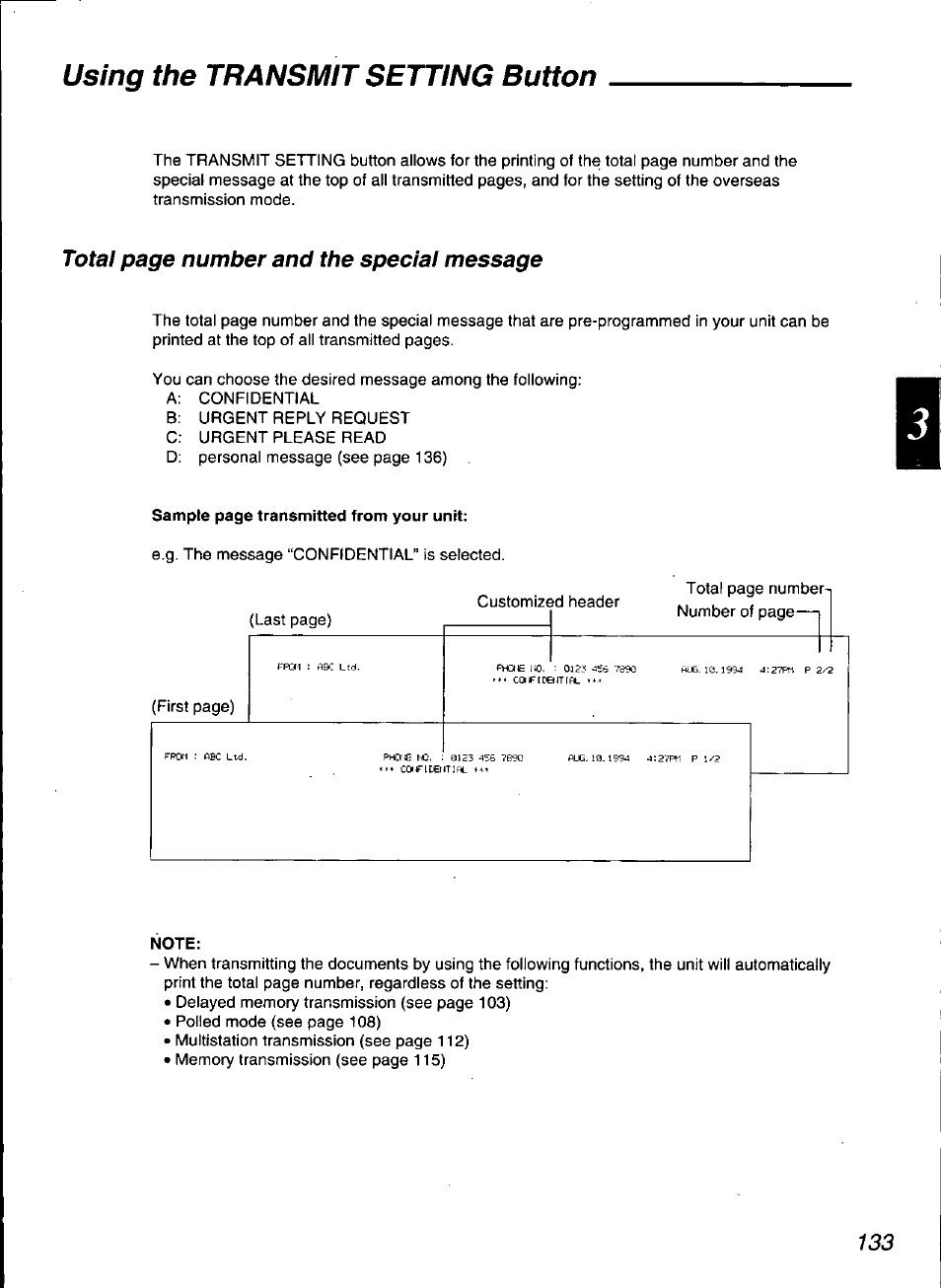 Note, Using the transmit setting button, Total page number and the special message | Panasonic KX-F3100 User Manual | Page 135 / 248
