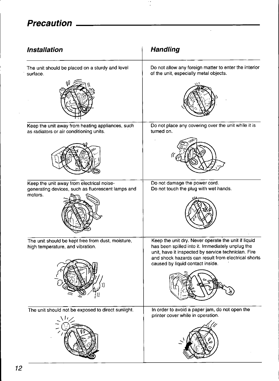 Precaution, Installation handling | Panasonic KX-F3100 User Manual | Page 14 / 248