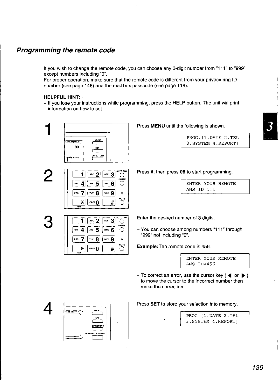 Helpful hint, Programming the remote code | Panasonic KX-F3100 User Manual | Page 141 / 248