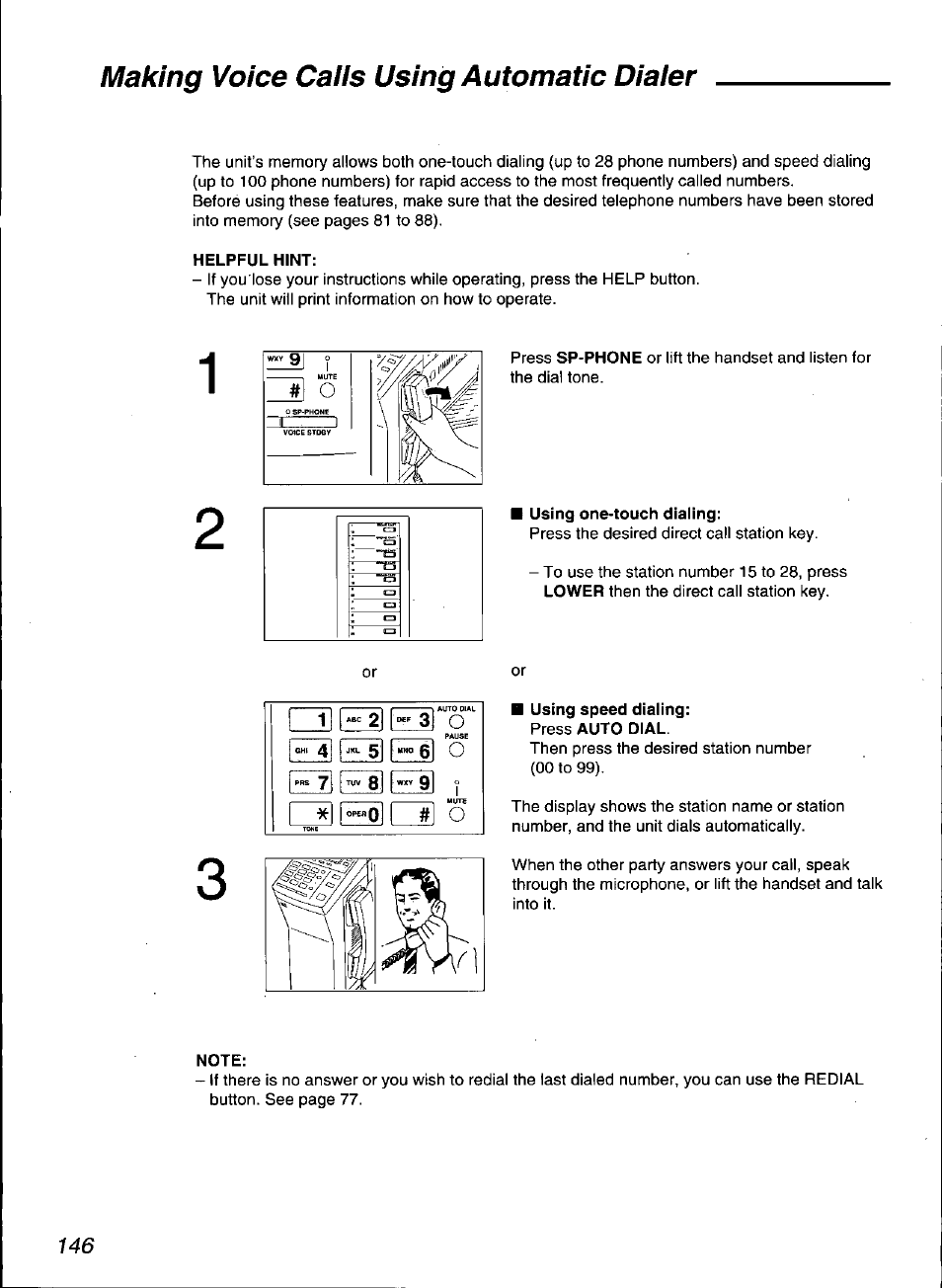 Helpful hint, Using one-touch dialing, Using speed dialing | Note, Making voice caiis using automatic diaier | Panasonic KX-F3100 User Manual | Page 148 / 248