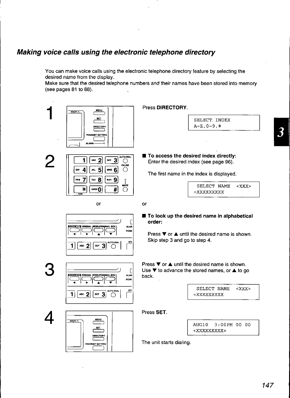 To access the desired index directly, To look up the desired name in alphabetical order | Panasonic KX-F3100 User Manual | Page 149 / 248