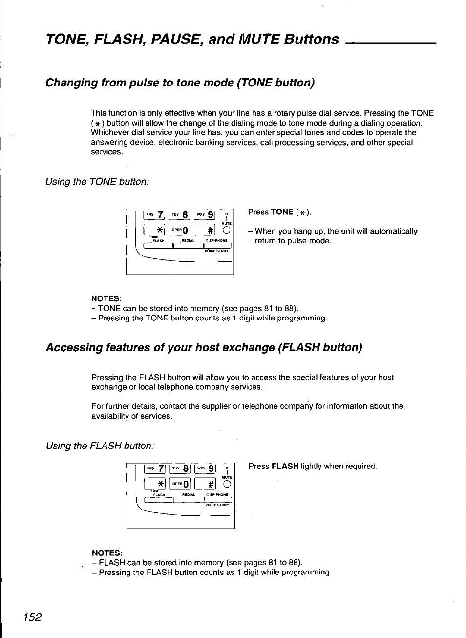 Notes, Tone, flash, pause, and mute buttons, Changing from pulse to tone mode (tone button) | Panasonic KX-F3100 User Manual | Page 154 / 248