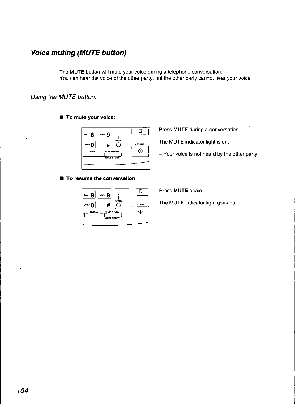 Voice muting (mute button) | Panasonic KX-F3100 User Manual | Page 156 / 248