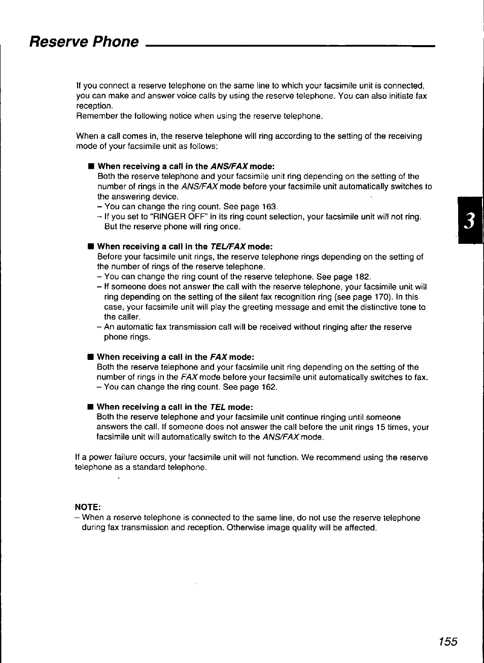 When receiving a call in the ans/fax mode, When receiving a call in the tel/fax mode, When receiving a call in the fax mode | When receiving a call in the tel mode, Note, Reserve phone | Panasonic KX-F3100 User Manual | Page 157 / 248