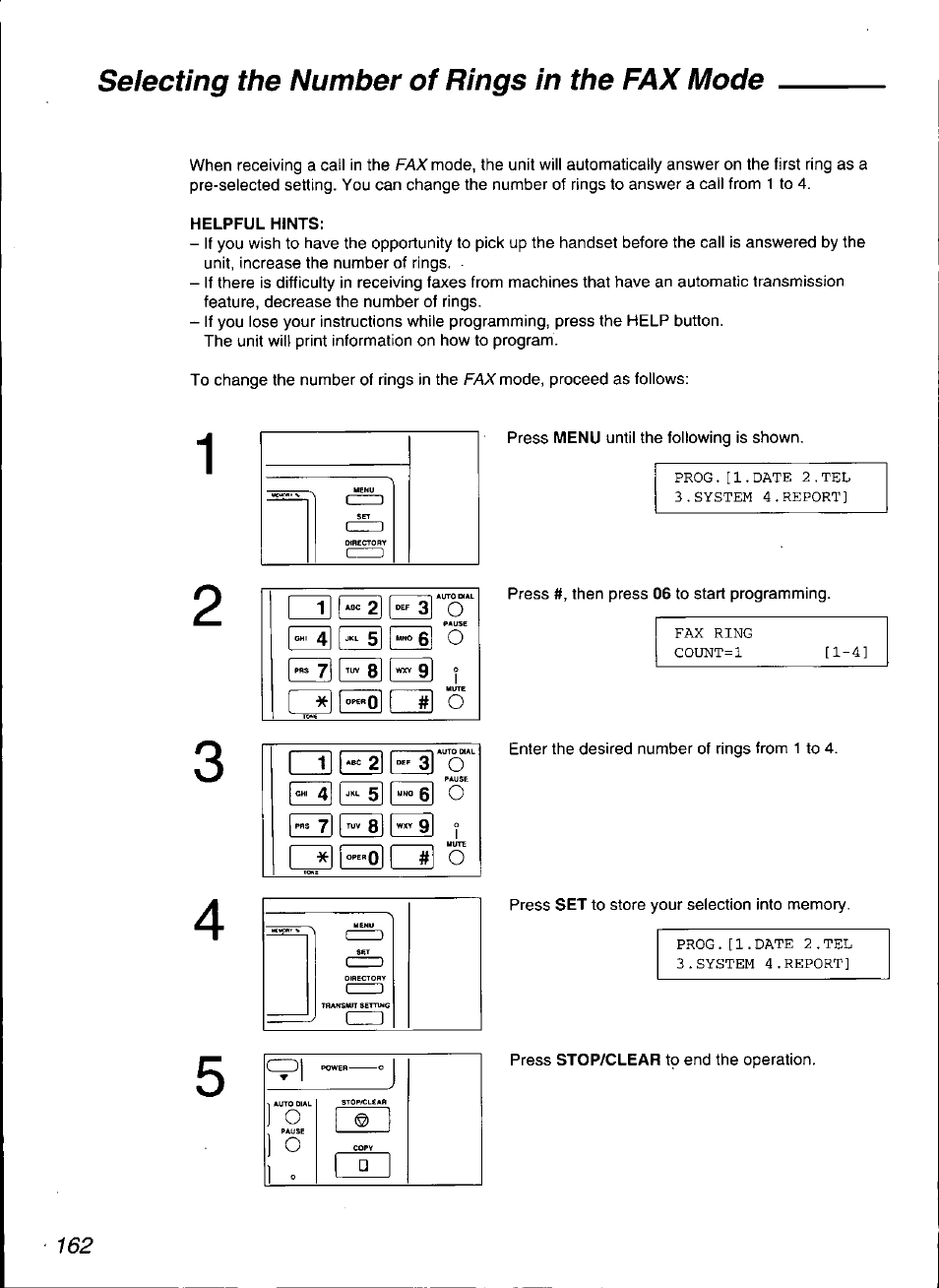 Helpful hints, Selecting the number of rings in the fax mode, I 0 i | Panasonic KX-F3100 User Manual | Page 164 / 248